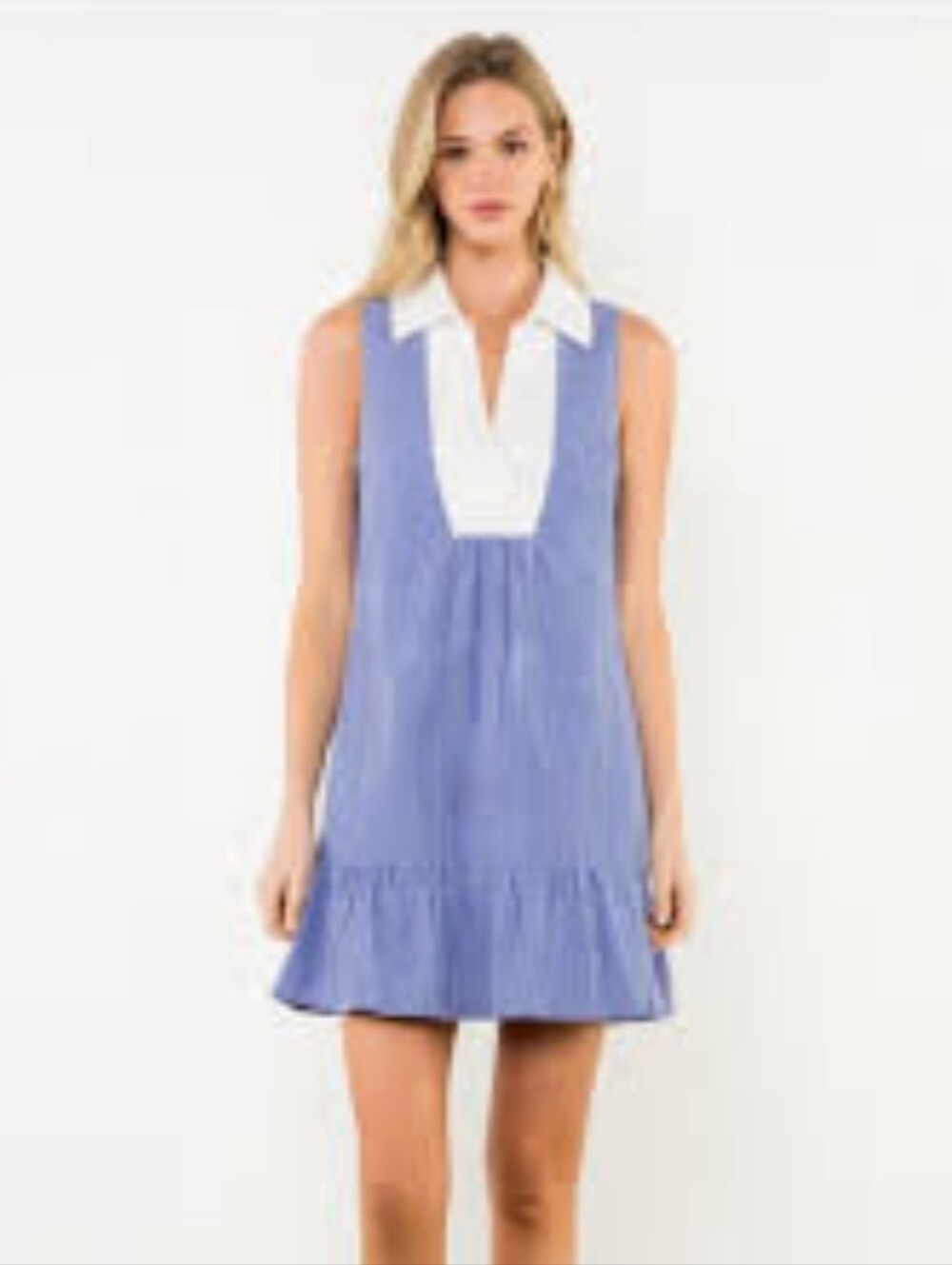 NWT THML Blue & White Pin Striped Collared Ruffle Mini Helen Dress Large